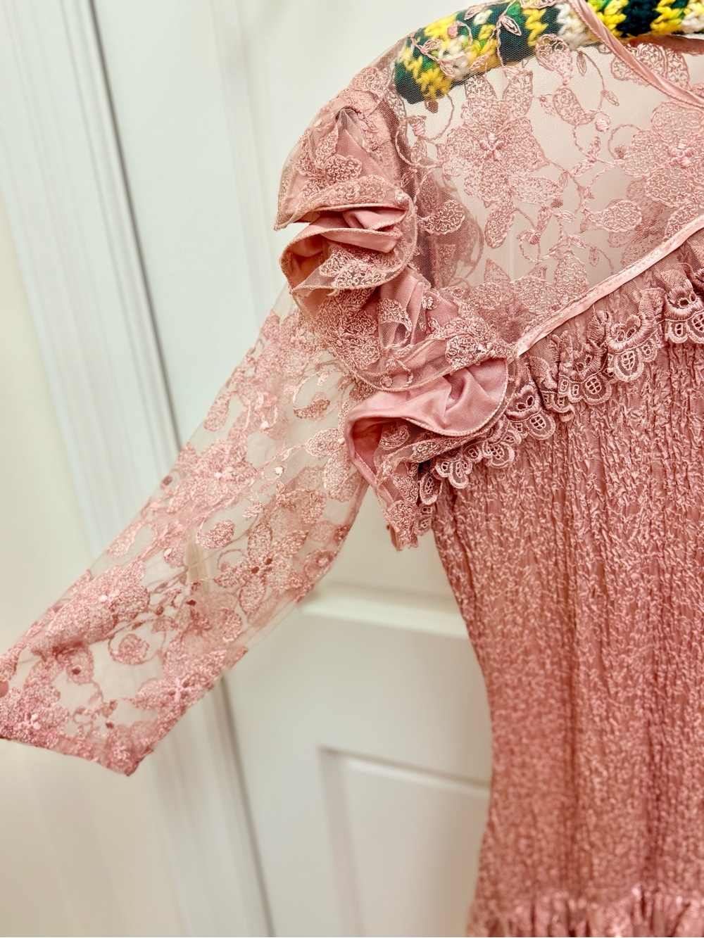 LA PASITEA Vintage Rare Made In Italy Fairy Y2K Dusty Rose Crinkled Lace Dress - Picture 3 of 16